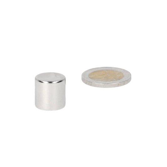 Silver cilindrische neodymium magneet 15 x 15 mm naast munt voor groottevergelijking krachtige neodymium magneet diverse toepassingen
