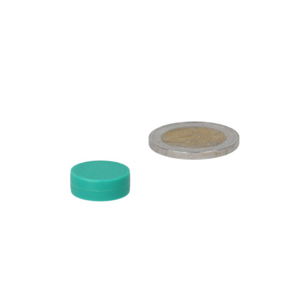 Teal cirkelvormige neodymium schijfmagneet met groene kunststof coating en sterke aantrekkingskracht