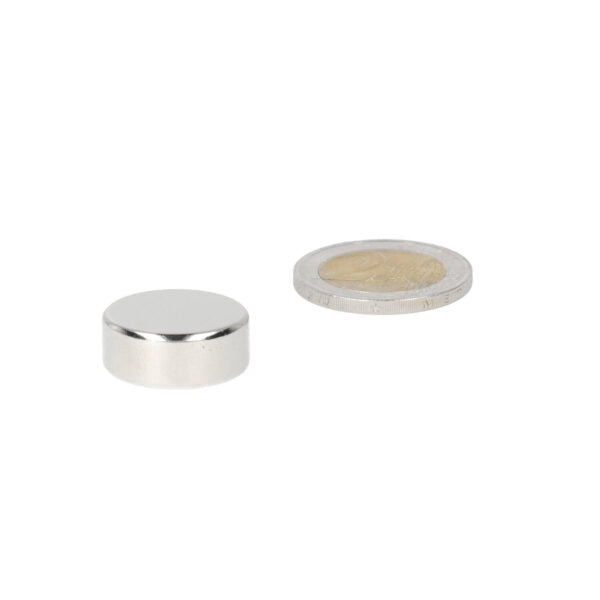Zilverkleurige krachtige neodymium schijfmagneet 20 x 8 mm radiaal gemagnetiseerd met glad metallic oppervlak