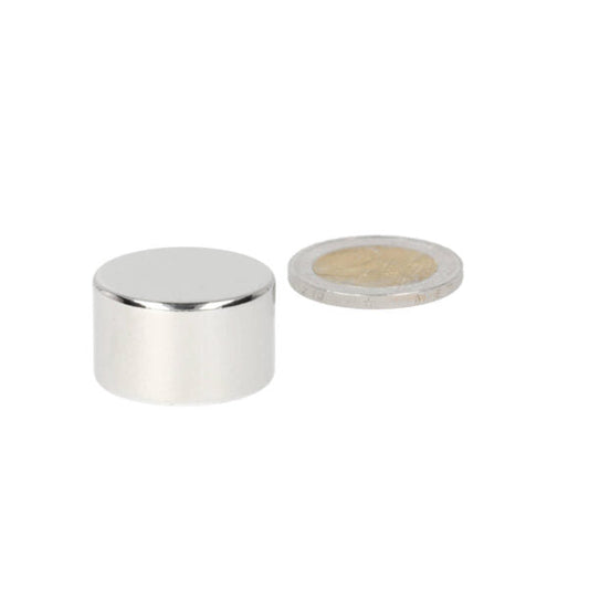 Een zilveren cilindervormige neodymiummagneet schijfmagneet 25 x 15 mm met krachtige aantrekkingskracht voor zowel professioneel als persoonlijk gebruik