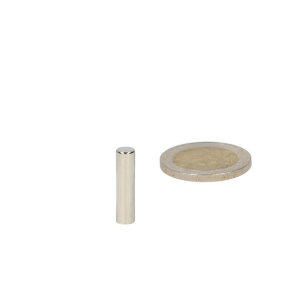 Silver hoogwaardige neodymium magneet staafmagneet 5 x 20 mm naast euro munt voor schaal