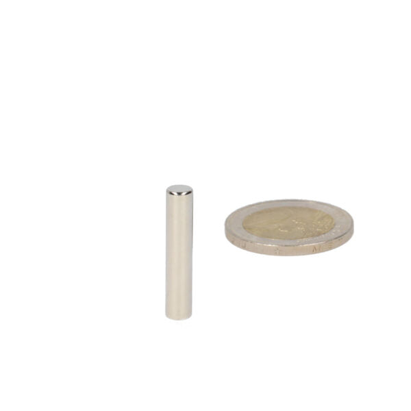 Silver cilindervormige hoogwaardige neodymium magneet 5 x 25 mm naast een euro munt voor schaal vergelijking