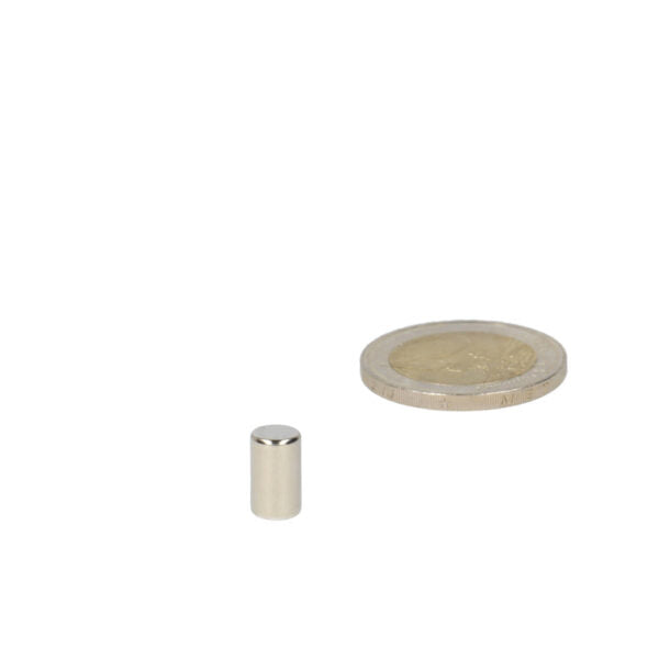 Zilverkleurige cilindrische neodymium staafmagneet 6 x 10 mm voor industriële toepassingen in compact formaat met snelle levering
