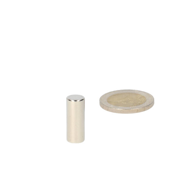 Zilverneodymium staafmagneet 8 x 20 mm naast munt voor schaal, krachtige magneten met diverse toepassingen en krachtige prestaties