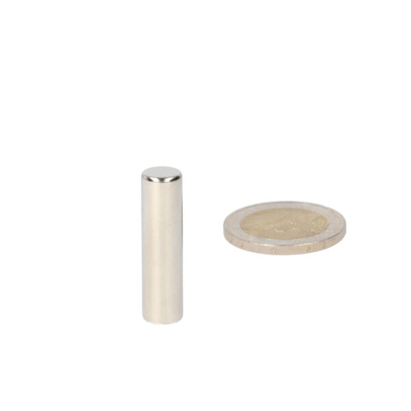 Zilverkleurige cilindrische neodymium staafmagneet 8 x 30 mm krachtige magneet voor een breed scala doe-het-zelf projecten naast een munt voor schaal