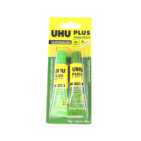 Twee gele uhu epoxylijm transparant sticks met groene dop van 15g voor sterke en duurzame bindingen