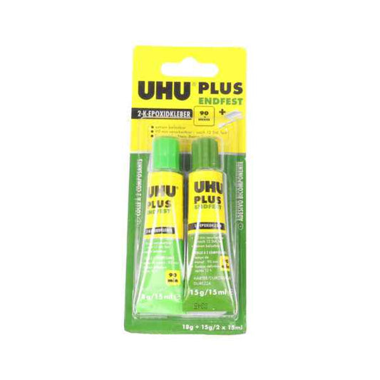 Twee gele uhu epoxylijm transparant sticks met groene dop van 15g voor sterke en duurzame bindingen