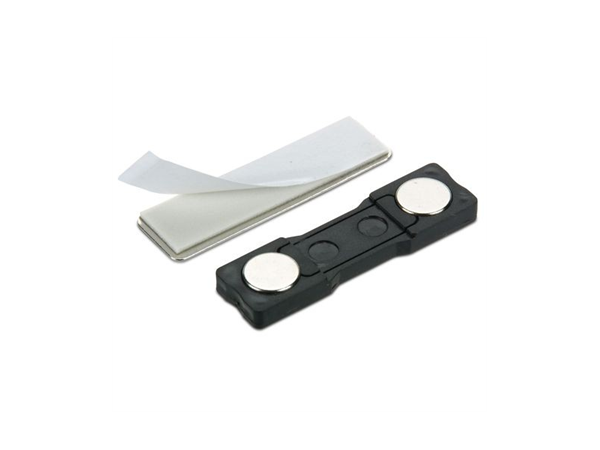 Zwarte magnetische visitekaarthouder 45x13mm met twee zilveren magneten en witte kleefstrip voor professioneel imago