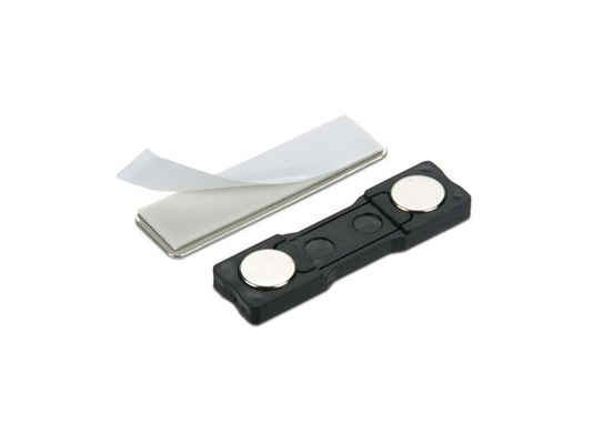 Zwarte magnetische visitekaarthouder 45x13mm met twee zilveren magneten en witte kleefstrip voor professioneel imago