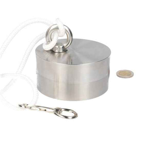 Zilveren vismagneet Ø100×50 mm met wit touw en musketon, complete set met 500kg trekkracht